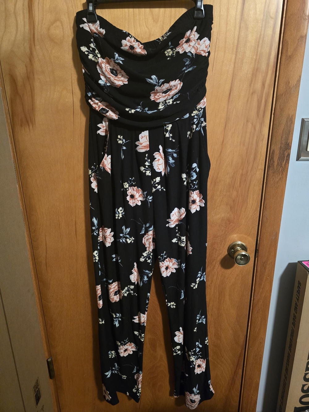 Floral Strapless Black Jumpsuit with Pink Rose Print